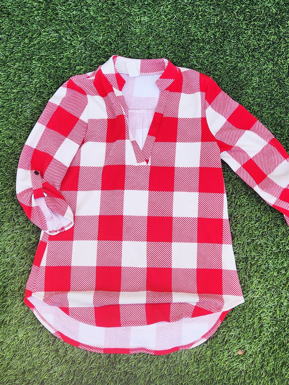 Red and White Buffalo Check V-Neck Blouse